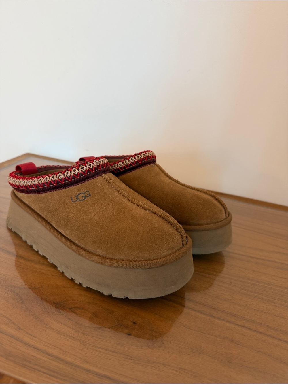 UGG Women's Chestnut Suede Platform Clogs with Red Accent